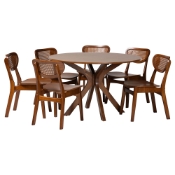 Baxton Studio Giuliana Mid-Century Modern Walnut Brown Finished Wood and Woven Rattan 7-Piece Dining Set